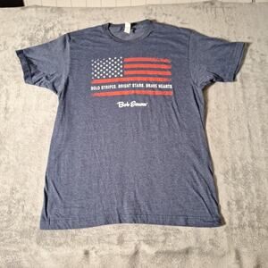 Bob Evans Flag Large Graphic T-Shirt Bold Stripes Bright Stars Brave Hearts Navy